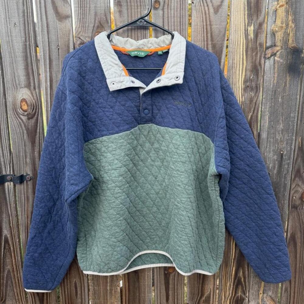 Orvis Men’s XL Quilted Colorblock 1/4 Snap Pullover Sweatshirt Green Navy Blue